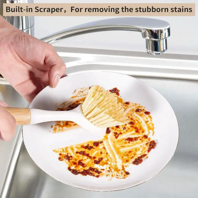 Alt view image 3 of 7 - Kitchen Dish & Cast Iron Brush with Scraper, Skillet Scrub Cleaner with Handle, Kitchen Cleaning Scrubber for Dishes, Pots, Cast Iron Skillet, Non-Stick Frying Pans, Sinks and House Cleaning