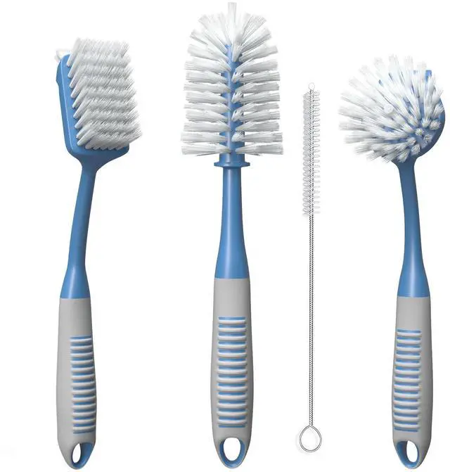 Main image of Dish Brush Set of 4 - Kitchen Scrub Brushes with Non-Slip Long Handle for Cleaning, Scrubber, Dishwashing, Dishes, Bottles, Straws, Cups, Pots & Sink, Blue