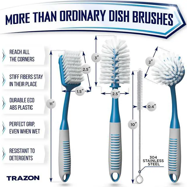 Alt view image 2 of 7 - Dish Brush Set of 4 - Kitchen Scrub Brushes with Non-Slip Long Handle for Cleaning, Scrubber, Dishwashing, Dishes, Bottles, Straws, Cups, Pots & Sink, Blue
