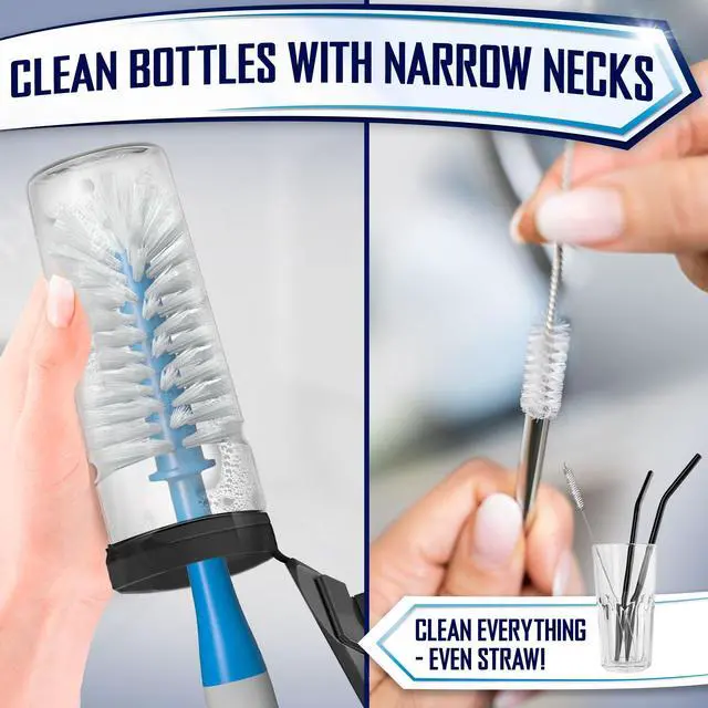 Alt view image 6 of 7 - Dish Brush Set of 4 - Kitchen Scrub Brushes with Non-Slip Long Handle for Cleaning, Scrubber, Dishwashing, Dishes, Bottles, Straws, Cups, Pots & Sink, Blue