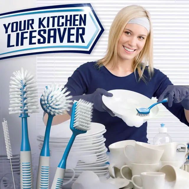 Alt view image 7 of 7 - Dish Brush Set of 4 - Kitchen Scrub Brushes with Non-Slip Long Handle for Cleaning, Scrubber, Dishwashing, Dishes, Bottles, Straws, Cups, Pots & Sink, Blue