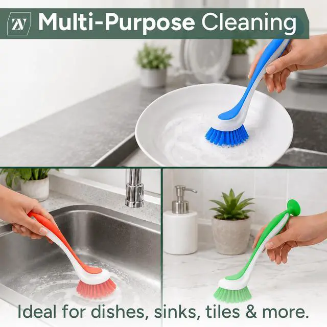 Alt view image 4 of 7 - Dish Brush Set of 3 with Suction Cup Dish Scrubber & Cleaning Brush