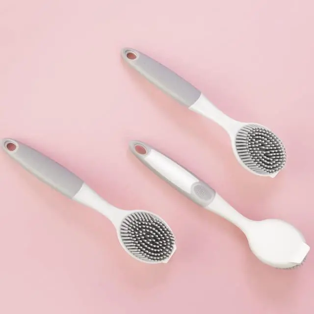 Alt view image 3 of 7 - Dish Scrubber, Silicone Soft Bristles Scrub Brush with Scraper Tip, Comfortable Grip Brushes for Kitchen Sink, Pans, Pots, Skillet, Vegetable, Fruit, Potato Cleaning (White/Grey)