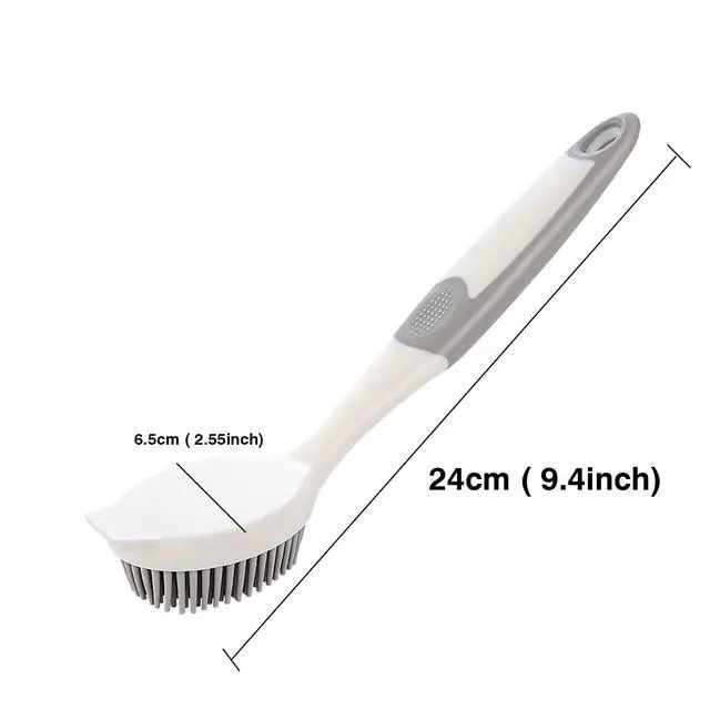 Alt view image 2 of 7 - Dish Scrubber, Silicone Soft Bristles Scrub Brush with Scraper Tip, Comfortable Grip Brushes for Kitchen Sink, Pans, Pots, Skillet, Vegetable, Fruit, Potato Cleaning (White/Grey)