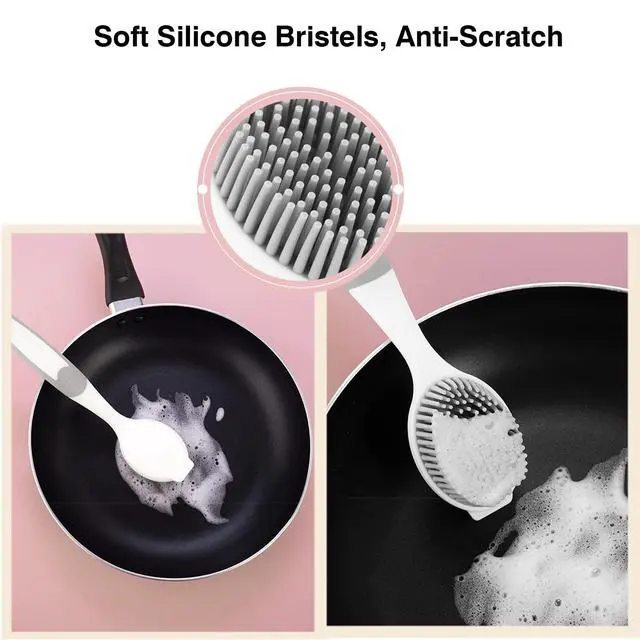 Alt view image 5 of 7 - Dish Scrubber, Silicone Soft Bristles Scrub Brush with Scraper Tip, Comfortable Grip Brushes for Kitchen Sink, Pans, Pots, Skillet, Vegetable, Fruit, Potato Cleaning (White/Grey)