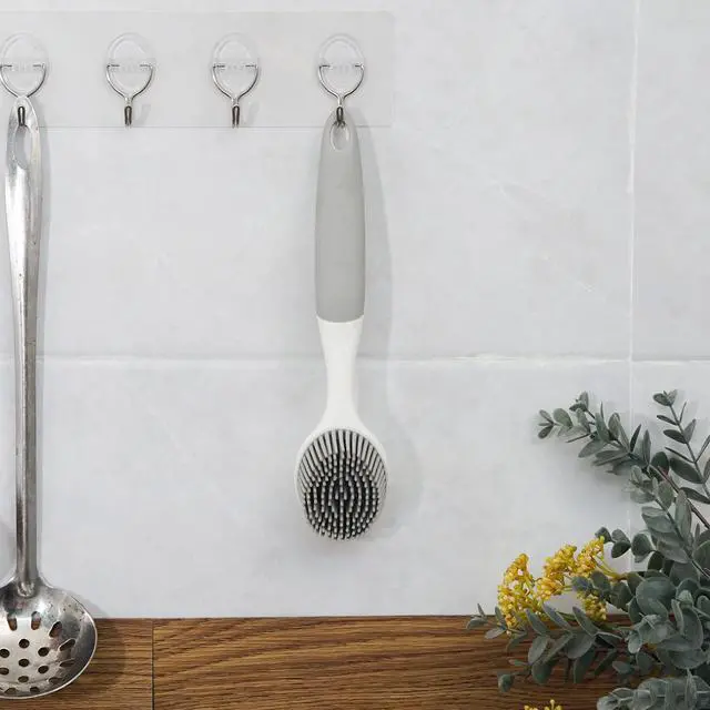 Alt view image 7 of 7 - Dish Scrubber, Silicone Soft Bristles Scrub Brush with Scraper Tip, Comfortable Grip Brushes for Kitchen Sink, Pans, Pots, Skillet, Vegetable, Fruit, Potato Cleaning (White/Grey)