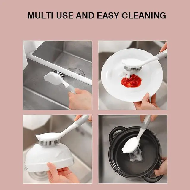 Alt view image 6 of 7 - Dish Scrubber, Silicone Soft Bristles Scrub Brush with Scraper Tip, Comfortable Grip Brushes for Kitchen Sink, Pans, Pots, Skillet, Vegetable, Fruit, Potato Cleaning (White/Grey)