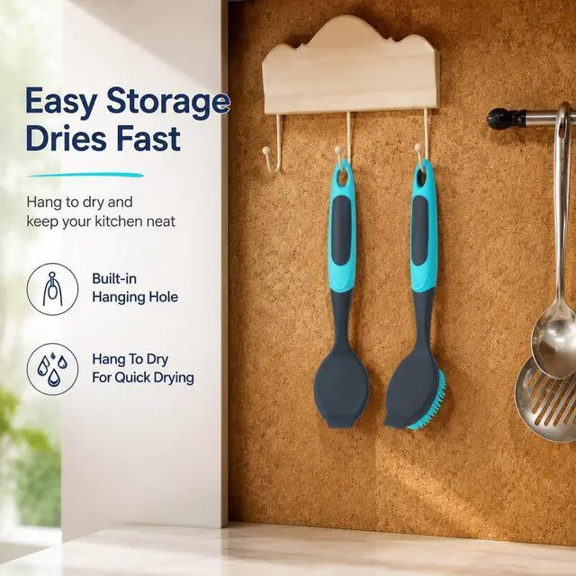 Alt view image 6 of 7 - 2-Pack Dish Brush with Handle, Kitchen Dish Scrubber Soft Dishwashing Brush for Cleaning Pots, Pan, Sink