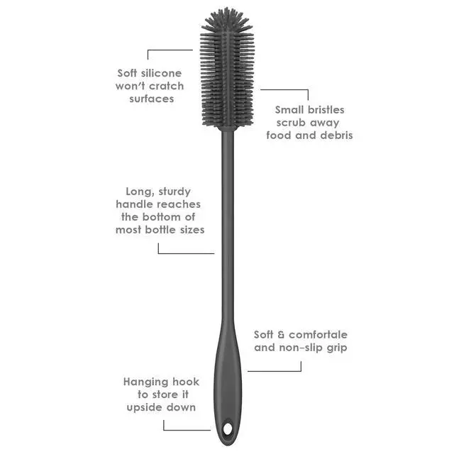 Alt view image 4 of 7 - Silicone Bottle Brush, Water Bottle Cleaner Brush with Long Handle, Perfect for Cleaning Narrow Neck Containers, Vacuum Sports Bottle, Tumblers, Flask, Glassware (1 Pack, Charcoal)