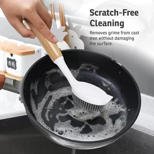 Alt view image 3 of 7 - Bamboo Dish Brush with Handle Wooden Scrub Brush for Cast Iron, Sink, Pots & Dishes Kitchen Dish Washing Brush with Nylon Bristles Durable Dish Scrubber for Cleaning
