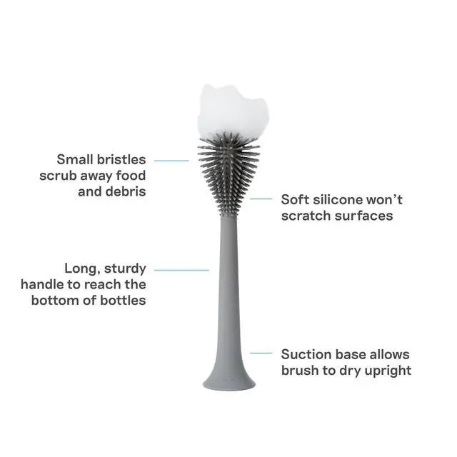 Alt view image 2 of 7 - Bottle Brush (Gray) - Odor-Resistant Silicone Cleaning Tool with Long Sturdy Handle and Suction Base - Flexible Top for Tight Spaces - Gently Cleans Cups, Glasses, Bottles and Accessories