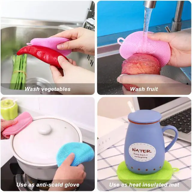 Alt view image 3 of 7 - Silicone Dish Scrubber, 12 Pack Silicone Sponge Dish Brush Food Grade BPA Free Reusable Rubber Sponges Dishwasher Safe and Dry Fast for Kitchen Dish Dishes Fruits Vegetables Washing and Cleaning