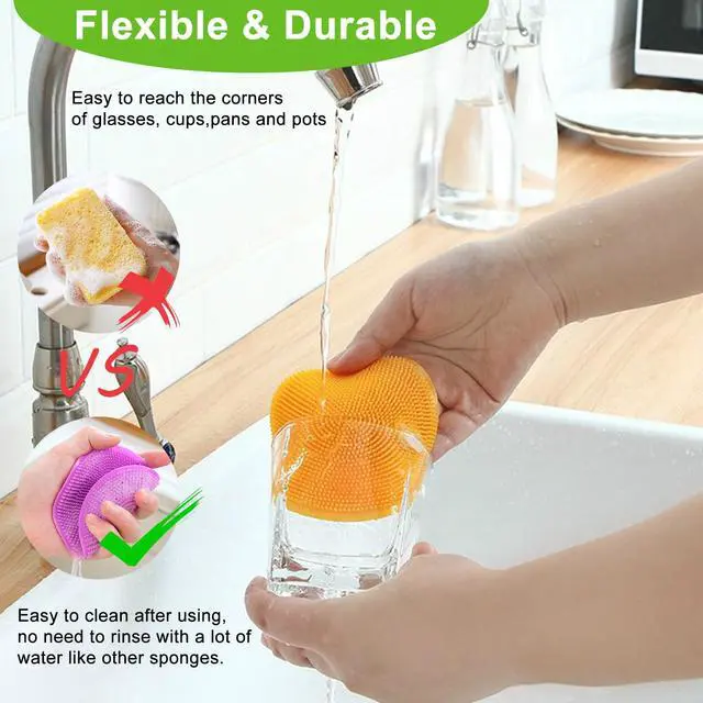 Alt view image 4 of 7 - Silicone Dish Scrubber, 12 Pack Silicone Sponge Dish Brush Food Grade BPA Free Reusable Rubber Sponges Dishwasher Safe and Dry Fast for Kitchen Dish Dishes Fruits Vegetables Washing and Cleaning