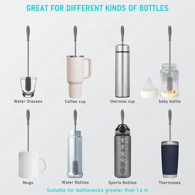 Alt view image 2 of 7 - 15.7" Silicone Bottle Brush, ddLUCK Water Bottle Cleaner Brush for Stanley, Hydroflasks, Glass, Thermos Sports Bottle, Vase and Glassware, Bottle Brush Cleaner for Small Narrow Neck Containers (Gray)