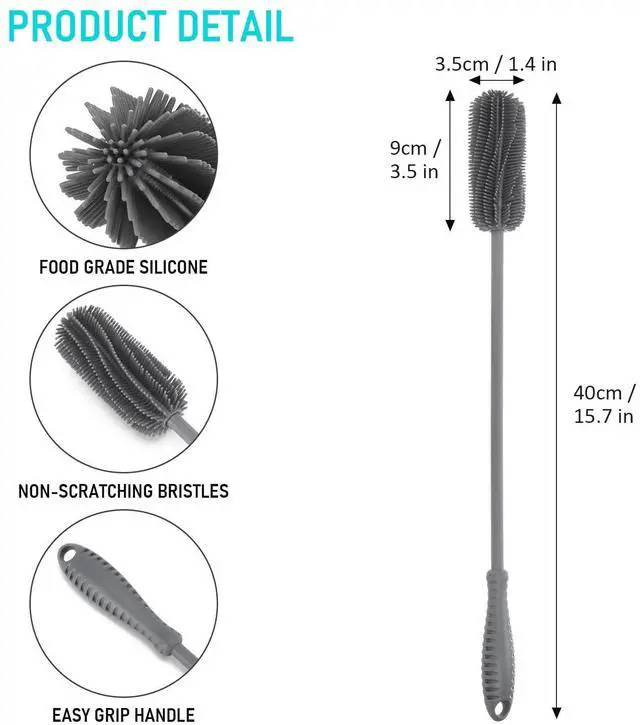 Alt view image 3 of 7 - 15.7" Silicone Bottle Brush, ddLUCK Water Bottle Cleaner Brush for Stanley, Hydroflasks, Glass, Thermos Sports Bottle, Vase and Glassware, Bottle Brush Cleaner for Small Narrow Neck Containers (Gray)