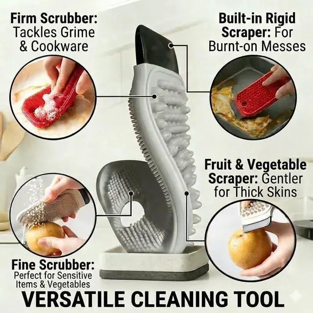 Alt view image 3 of 7 - 3-in-1 Silicone Dish Sponge - BPA-Free Food-Grade Cleaning Brush with Dual-Sided Scrubber & Scraper, Hanging Hole Fast-Dry Reusable for Dishes/Fruits/Vegetables (Grey 1PCS)