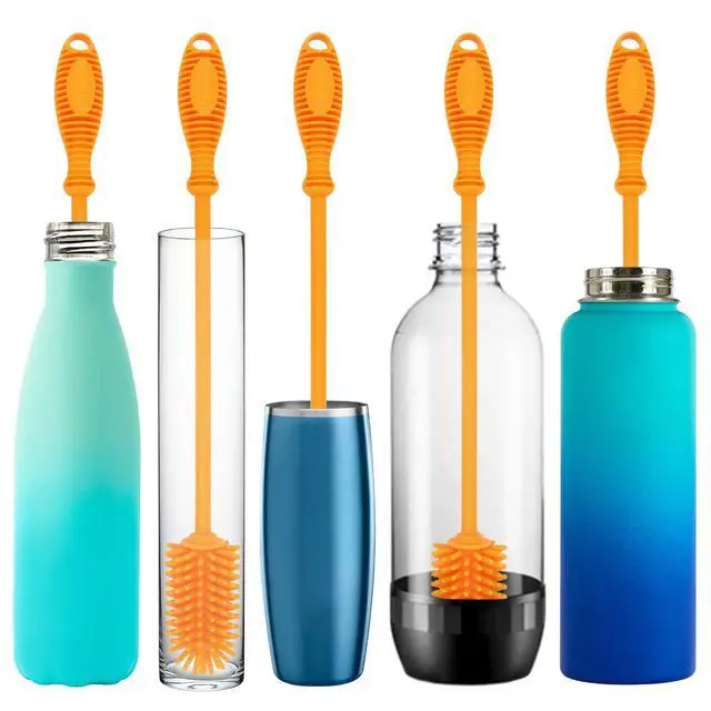 Alt view image 3 of 7 - Silicone Bottle Brush with 2 Straw Cleaners - 12.5 Water Bottle Cleaner Brush for Yeti, Hydro Flask, Owala, Stanley, Baby Bottles, Glassware, Vases & Narrow Neck Containers - Orange