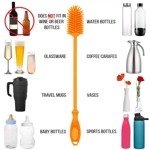 Alt view image 5 of 7 - Silicone Bottle Brush with 2 Straw Cleaners - 12.5 Water Bottle Cleaner Brush for Yeti, Hydro Flask, Owala, Stanley, Baby Bottles, Glassware, Vases & Narrow Neck Containers - Orange