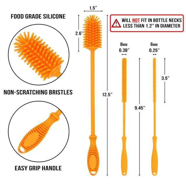 Alt view image 2 of 7 - Silicone Bottle Brush with 2 Straw Cleaners - 12.5 Water Bottle Cleaner Brush for Yeti, Hydro Flask, Owala, Stanley, Baby Bottles, Glassware, Vases & Narrow Neck Containers - Orange