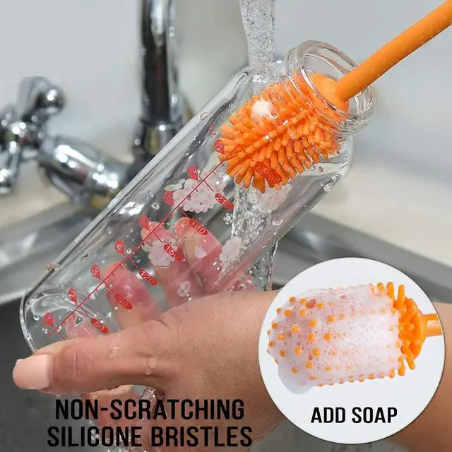 Alt view image 6 of 7 - Silicone Bottle Brush with 2 Straw Cleaners - 12.5 Water Bottle Cleaner Brush for Yeti, Hydro Flask, Owala, Stanley, Baby Bottles, Glassware, Vases & Narrow Neck Containers - Orange