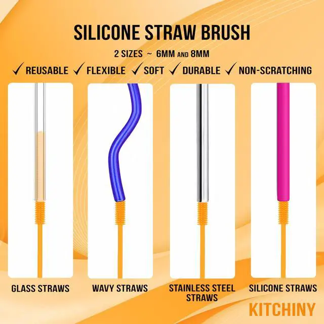 Alt view image 4 of 7 - Silicone Bottle Brush with 2 Straw Cleaners - 12.5 Water Bottle Cleaner Brush for Yeti, Hydro Flask, Owala, Stanley, Baby Bottles, Glassware, Vases & Narrow Neck Containers - Orange