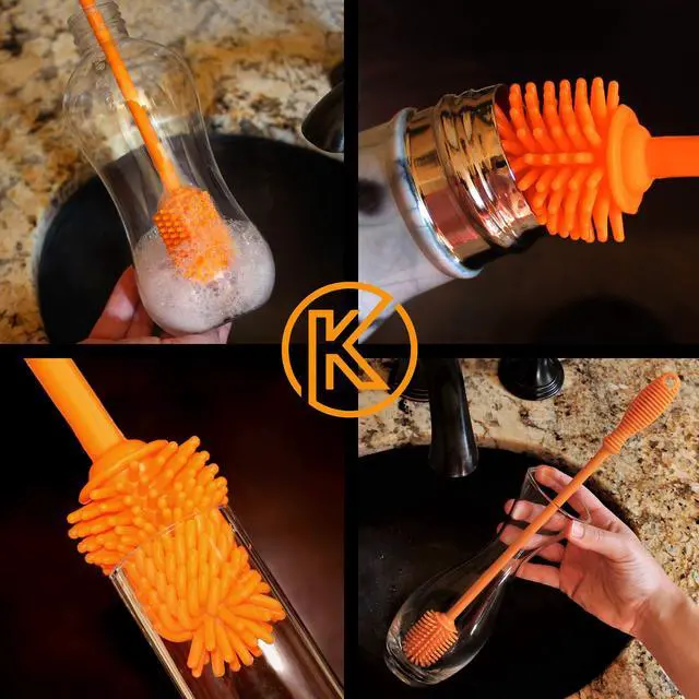 Alt view image 7 of 7 - Silicone Bottle Brush with 2 Straw Cleaners - 12.5 Water Bottle Cleaner Brush for Yeti, Hydro Flask, Owala, Stanley, Baby Bottles, Glassware, Vases & Narrow Neck Containers - Orange