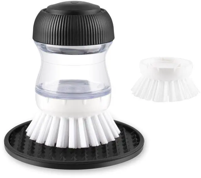 Main image of Soap Dispensing Palm Brush, Dish Brush Set with Silicone Drip Tray and One Refill, Kitchen Dish Scrub Brush for Cleaning Pots, Pans, Sinks