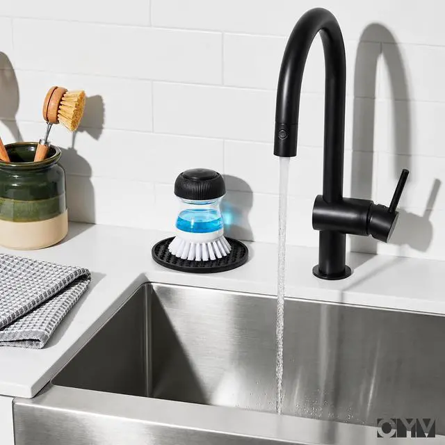 Alt view image 4 of 7 - Soap Dispensing Palm Brush, Dish Brush Set with Silicone Drip Tray and One Refill, Kitchen Dish Scrub Brush for Cleaning Pots, Pans, Sinks