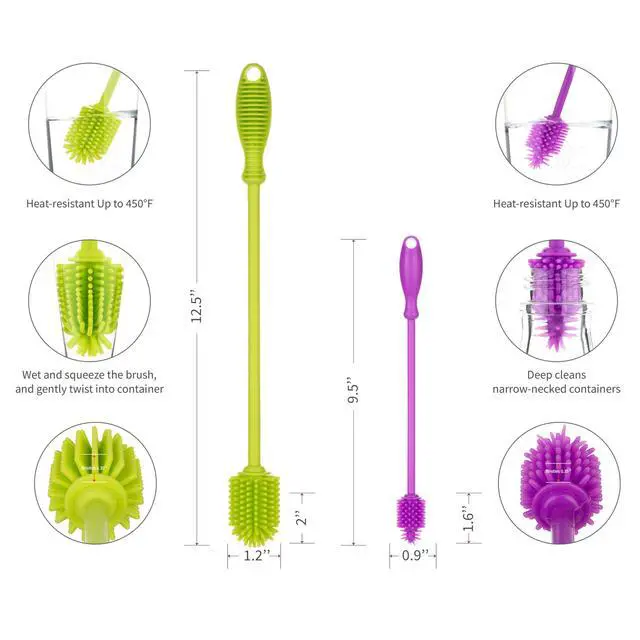 Alt view image 2 of 7 - A-Brush Silicone Bottle Cleaner Brush, 2 Piece Set, Flexible, Long Handle - Water Bottle Cleaner, Baby Bottle Nipple Brush for Plastic & Glass, BPA-Free Dish Washing