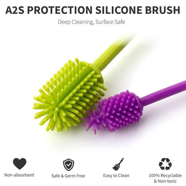 Alt view image 4 of 7 - A-Brush Silicone Bottle Cleaner Brush, 2 Piece Set, Flexible, Long Handle - Water Bottle Cleaner, Baby Bottle Nipple Brush for Plastic & Glass, BPA-Free Dish Washing