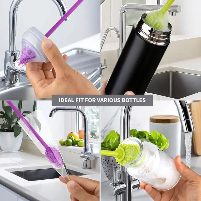 Alt view image 5 of 7 - A-Brush Silicone Bottle Cleaner Brush, 2 Piece Set, Flexible, Long Handle - Water Bottle Cleaner, Baby Bottle Nipple Brush for Plastic & Glass, BPA-Free Dish Washing