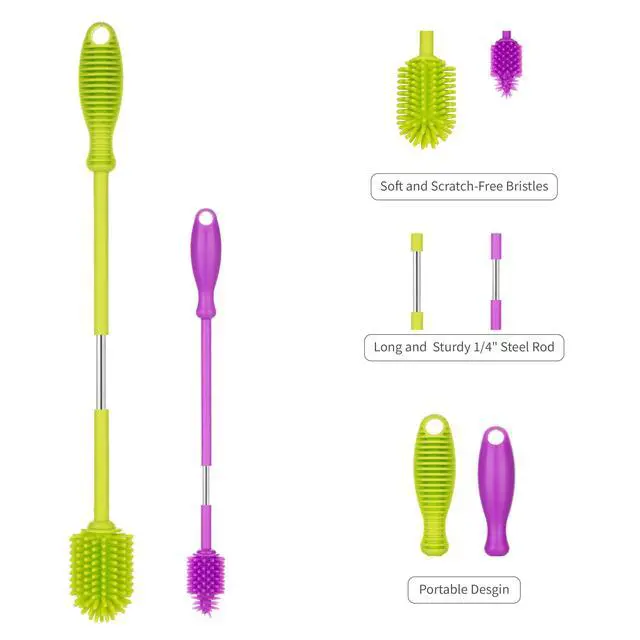 Alt view image 3 of 7 - A-Brush Silicone Bottle Cleaner Brush, 2 Piece Set, Flexible, Long Handle - Water Bottle Cleaner, Baby Bottle Nipple Brush for Plastic & Glass, BPA-Free Dish Washing