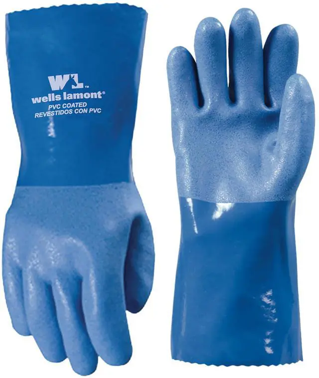 Main image of Heavy Duty Rubber Gloves with PVC Coating, Chemical and Abrasion Resistant, Waterproof, 12-Inch Cuff, Large, Blue (174L)