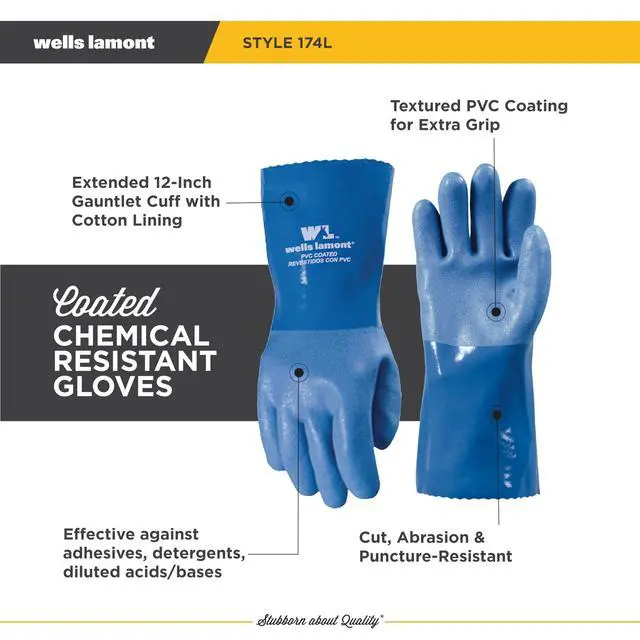 Alt view image 2 of 7 - Heavy Duty Rubber Gloves with PVC Coating, Chemical and Abrasion Resistant, Waterproof, 12-Inch Cuff, Large, Blue (174L)