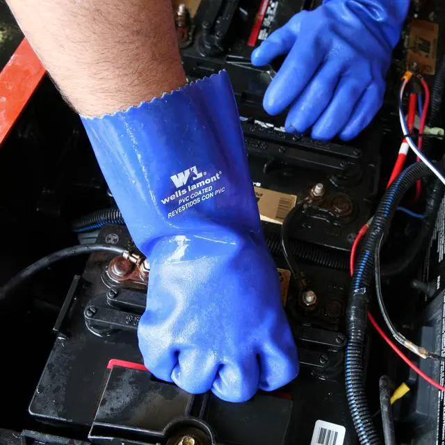 Alt view image 4 of 7 - Heavy Duty Rubber Gloves with PVC Coating, Chemical and Abrasion Resistant, Waterproof, 12-Inch Cuff, Large, Blue (174L)