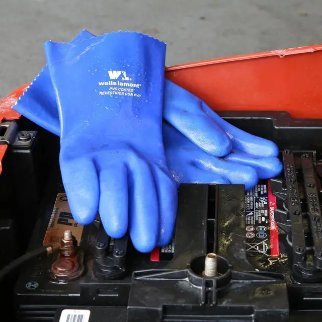 Alt view image 6 of 7 - Heavy Duty Rubber Gloves with PVC Coating, Chemical and Abrasion Resistant, Waterproof, 12-Inch Cuff, Large, Blue (174L)