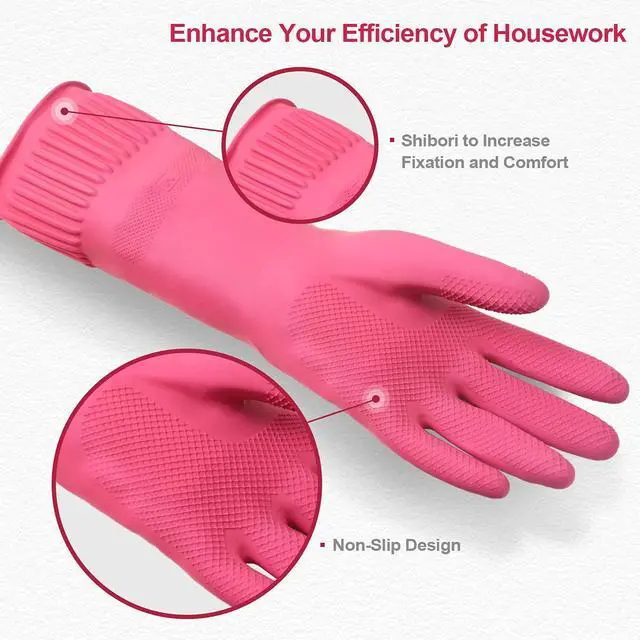 Alt view image 2 of 6 - Mamison 2 Pairs Reusable Waterproof Household Dishwashing Cleaning Rubber Gloves, Non-Slip Kitchen Glove (Pink, Medium (Pack of 2))