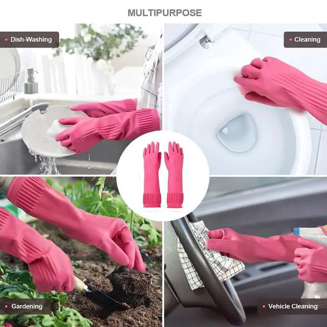 Alt view image 4 of 6 - Mamison 2 Pairs Reusable Waterproof Household Dishwashing Cleaning Rubber Gloves, Non-Slip Kitchen Glove (Pink, Medium (Pack of 2))