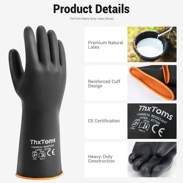 Alt view image 2 of 7 - Heavy Duty Chemical Resistant Latex Gloves, Waterproof Rubber Gloves, Puncture Resistant, Acid Oil & Alkali Resistant for Industrial Cleaning, Gardening, 14", 1 Pair