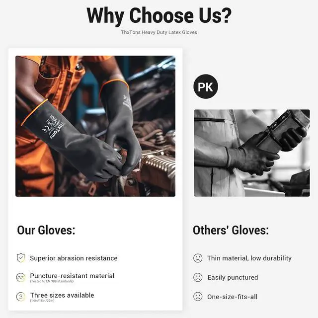 Alt view image 5 of 7 - Heavy Duty Chemical Resistant Latex Gloves, Waterproof Rubber Gloves, Puncture Resistant, Acid Oil & Alkali Resistant for Industrial Cleaning, Gardening, 14", 1 Pair