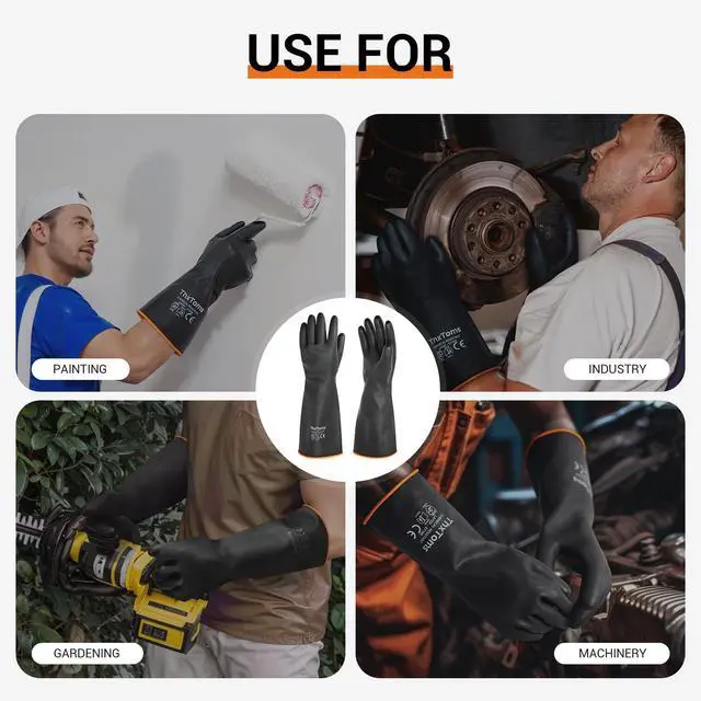 Alt view image 7 of 7 - Heavy Duty Chemical Resistant Latex Gloves, Waterproof Rubber Gloves, Puncture Resistant, Acid Oil & Alkali Resistant for Industrial Cleaning, Gardening, 14", 1 Pair