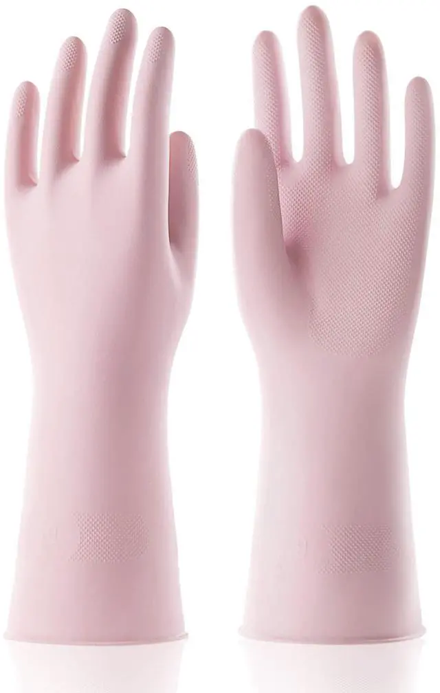 Main image of Small Household Rubber Gloves with Cotton Liner & Non-slip Grip, Waterproof Long Lasting Dishwashing Gloves for Kitchen & Bathroom Cleaning, Light Pink, 1 Pair