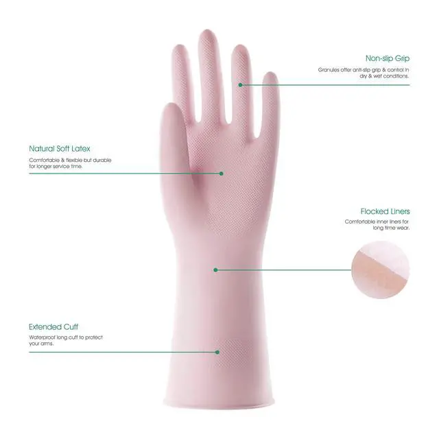 Alt view image 2 of 6 - Small Household Rubber Gloves with Cotton Liner & Non-slip Grip, Waterproof Long Lasting Dishwashing Gloves for Kitchen & Bathroom Cleaning, Light Pink, 1 Pair