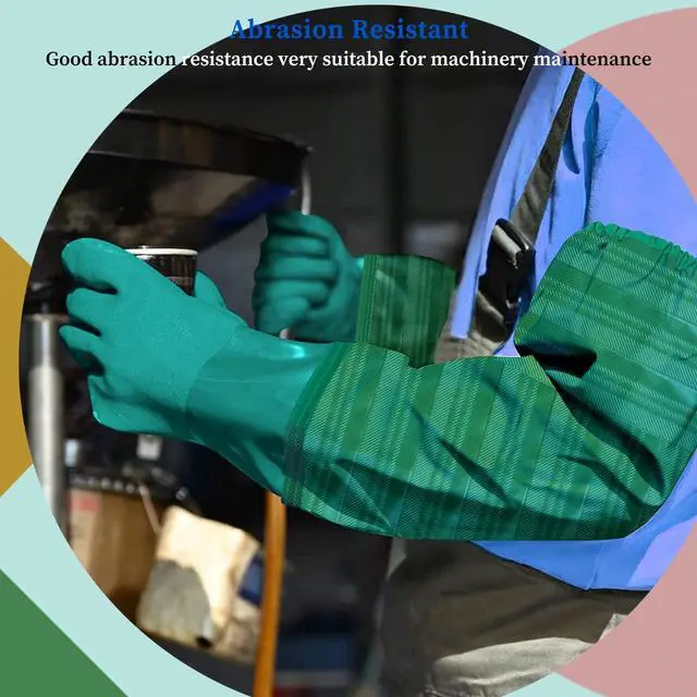 Alt view image 5 of 7 - Extra-Long 26" Rubber Pond Gloves, Chemical Resistant PVC Reusable Heavy Duty Waterproof Cleaning Glove (Green)