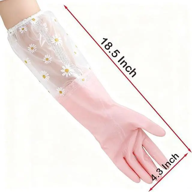 Alt view image 2 of 7 - 18.5 Dishwashing Cleaning Gloves Thick Waterproof Tear-Resistant Household Rubber Cleaning Gloves with Long Elastic Cuffs for Kitchen Laundry Fruits Gardening (Pink, Lined)