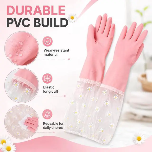 Alt view image 4 of 7 - 18.5 Dishwashing Cleaning Gloves Thick Waterproof Tear-Resistant Household Rubber Cleaning Gloves with Long Elastic Cuffs for Kitchen Laundry Fruits Gardening (Pink, Lined)