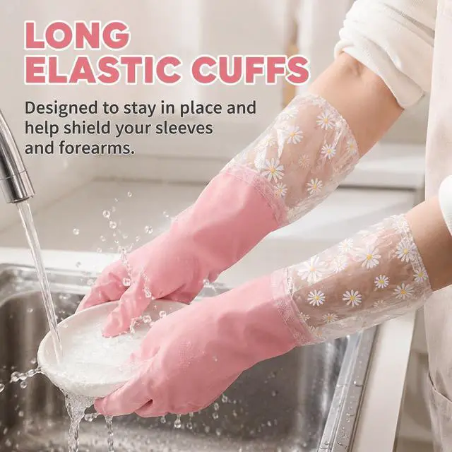 Alt view image 5 of 7 - 18.5 Dishwashing Cleaning Gloves Thick Waterproof Tear-Resistant Household Rubber Cleaning Gloves with Long Elastic Cuffs for Kitchen Laundry Fruits Gardening (Pink, Lined)
