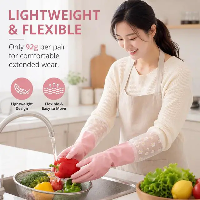 Alt view image 7 of 7 - 18.5 Dishwashing Cleaning Gloves Thick Waterproof Tear-Resistant Household Rubber Cleaning Gloves with Long Elastic Cuffs for Kitchen Laundry Fruits Gardening (Pink, Lined)