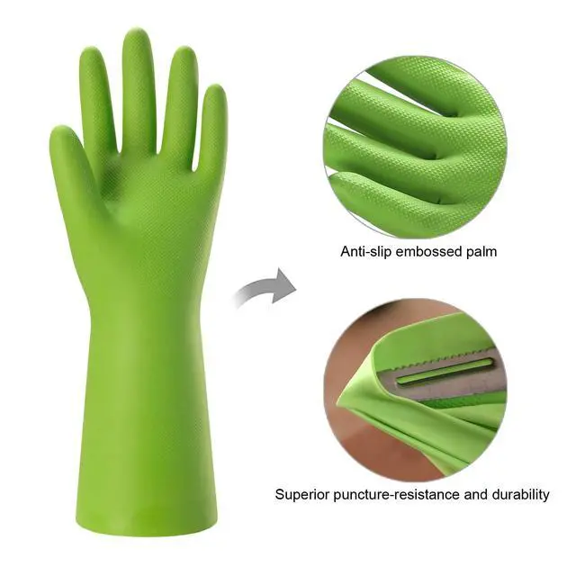 Alt view image 2 of 6 - 3 Pairs Rubber Cleaning Gloves for Household - Reusable Dishwashing Gloves for Kitchen, Flexible Long-lasting & Waterproof (Medium, Green+Red+Orange)