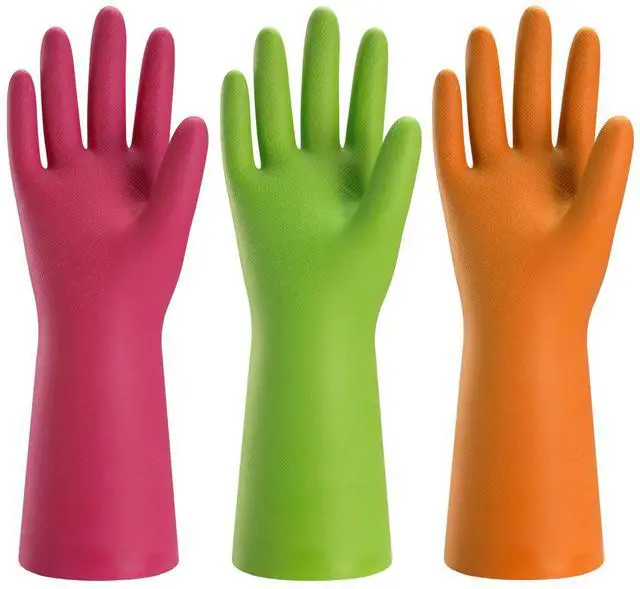 Main image of 3 Pairs Rubber Cleaning Gloves for Household - Reusable Dishwashing Gloves for Kitchen, Flexible Long-lasting & Waterproof (Medium, Green+Red+Orange)